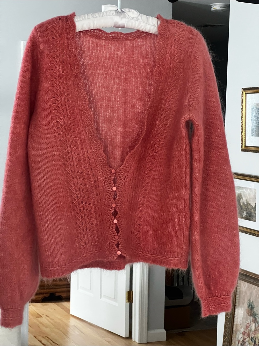 Sezane Rose-Red Mohair V-Neck Button Cardigan - Small